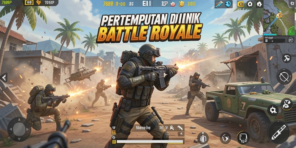 Screenshot utama 789RP menampilkan aksi pertempuran seru di arena Battle Royale.