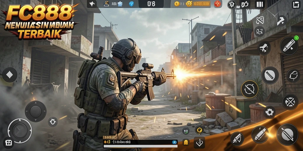 Screenshot gameplay FC888 menampilkan aksi tembak-menembak yang intens.