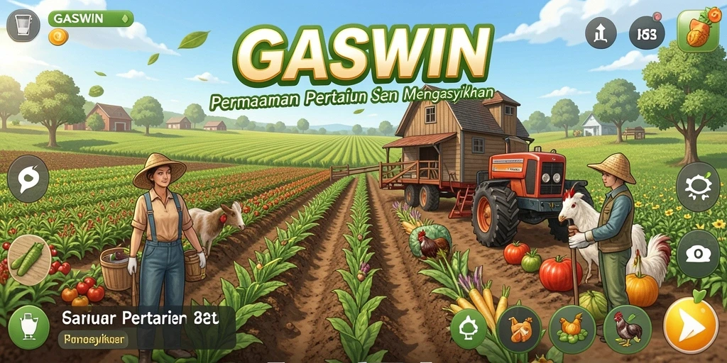 Tampilan gameplay GASWIN dengan aktivitas bertani yang seru dan menantang.