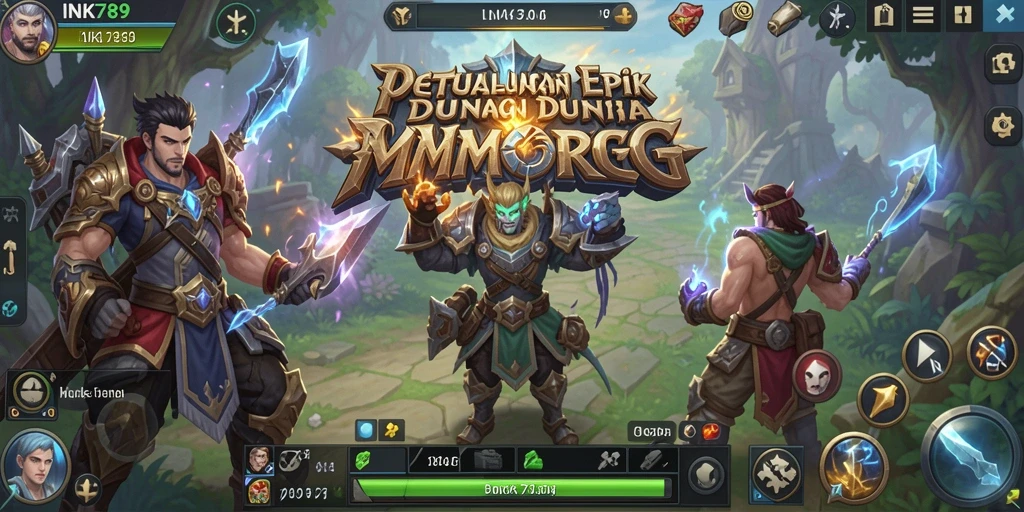 Screenshot gameplay INK789 menampilkan pertempuran epik antara karakter dalam dunia fantasi.