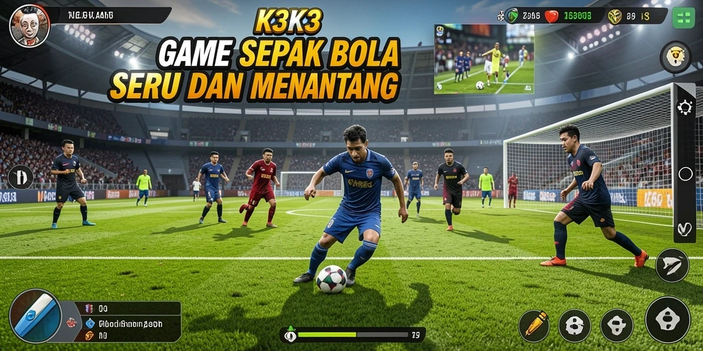 Tampilan gameplay K3K3 menunjukkan aksi seru di lapangan sepak bola.