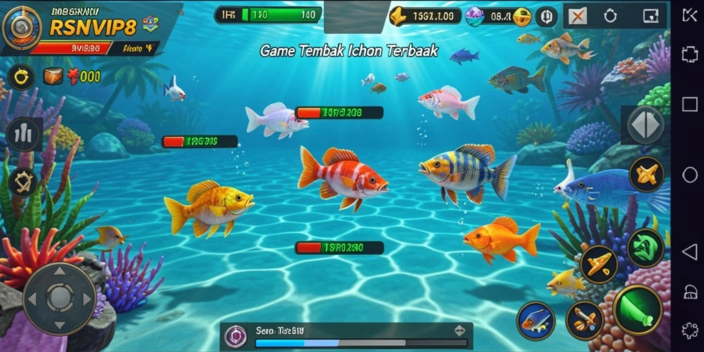 Screenshot gameplay RSNVIP8 yang menunjukkan aksi menembak ikan.