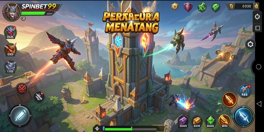Screenshot gameplay menampilkan aksi menara pertahanan SPINBET99 yang intens.