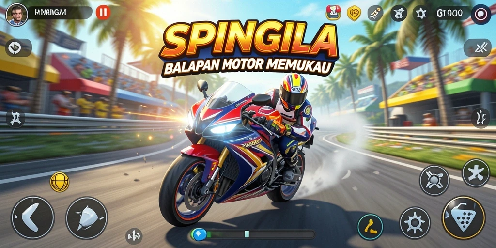 Tangkapan layar SPINGILA menampilkan aksi balapan motor yang mendebarkan.